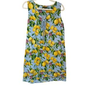 FOR CYNTHIA Lemon Print Lace Up Linen Blend Sleeveless Dress Size Medium